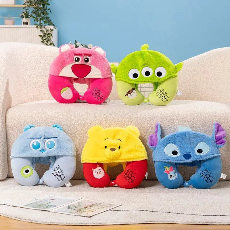 Disney Kawaii Lilo&stitch Alien Sullivan Ursinho Pooh Lot-o-huggin Urso com um chapéu Almofada de proteção de pescoço para escritório em formato de U