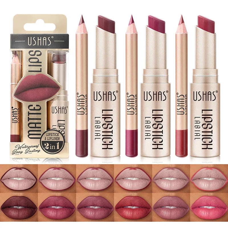 Conjunto de delineador labial + batom USHAS 12 cores