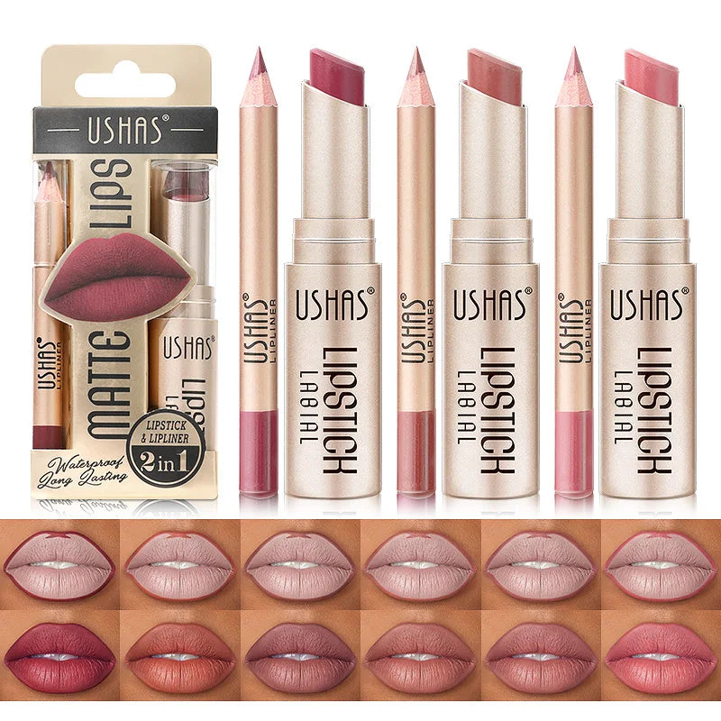 Conjunto de delineador labial + batom USHAS 12 cores