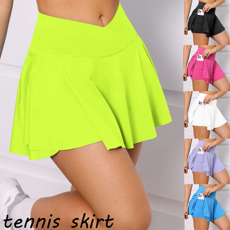 Saia de golfe feminina cintura alta V bolsos fitness shorts casuais